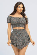 Floral Print Elastic Shirring Top And Skirt Set