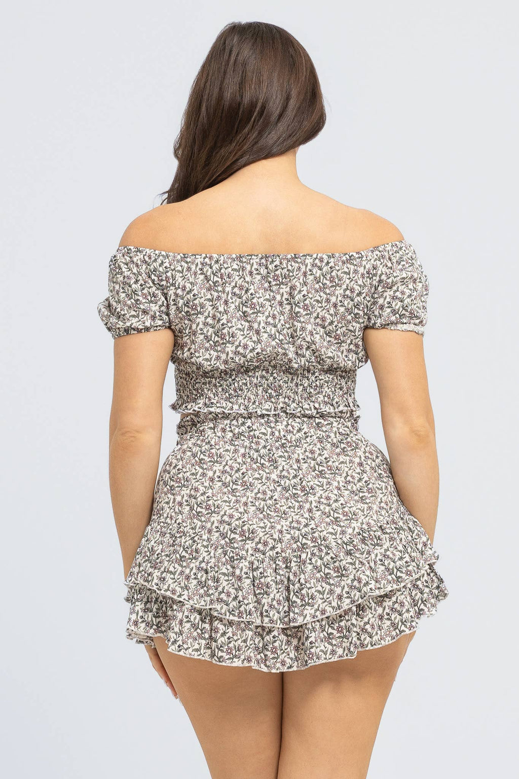 Floral Print Elastic Shirring Top And Skirt Set