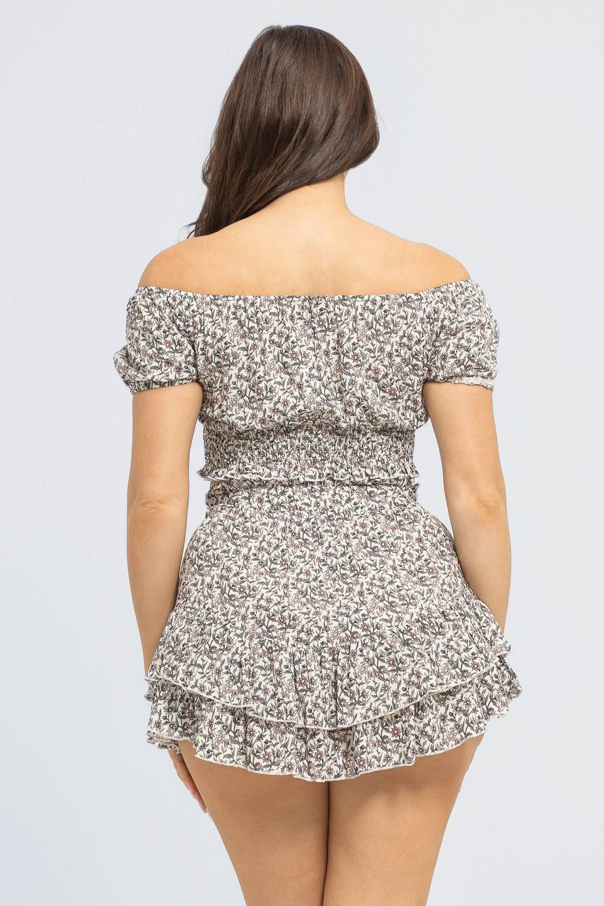 Floral Print Elastic Shirring Top And Skirt Set